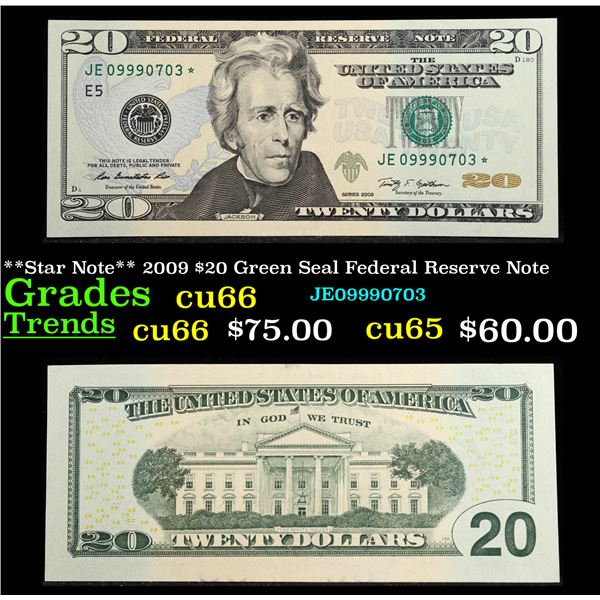 **Star Note** 2009 $20 Green Seal Federal Reserve Note Grades Gem+ CU