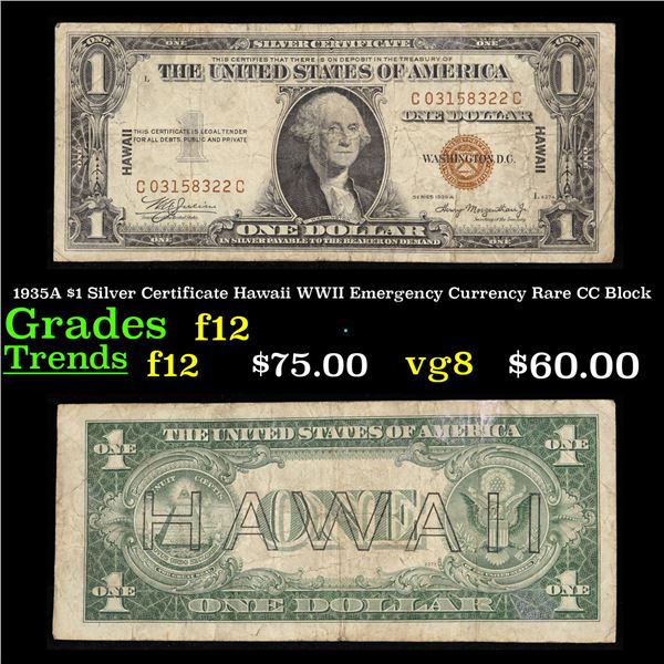 1935A $1 Silver Certificate Hawaii WWII Emergency Currency Rare CC Block Grades f, fine