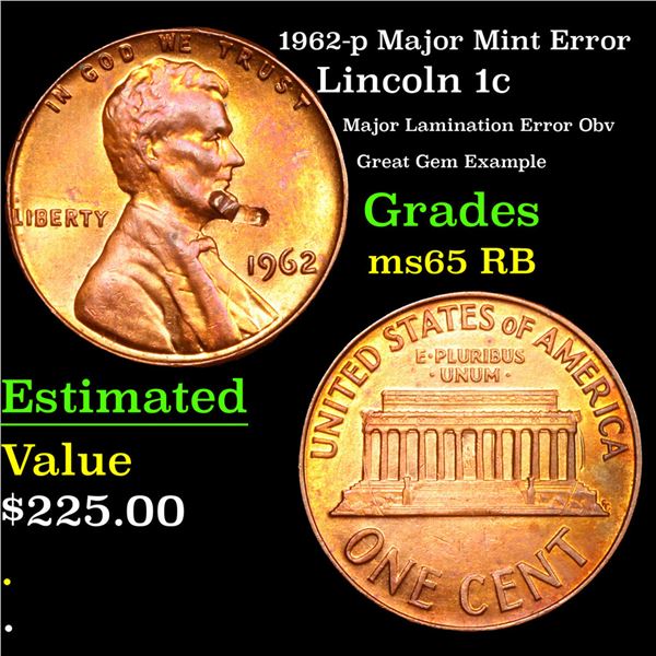 1962-p Lincoln Cent Major Mint Error 1c Grades GEM Unc RB