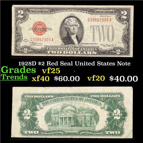 1928D $2 Red Seal United States Note Grades vf+