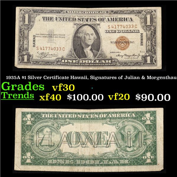 1935A $1 Silver Certificate Hawaii, Signatures of Julian & Morgenthau Grades vf++