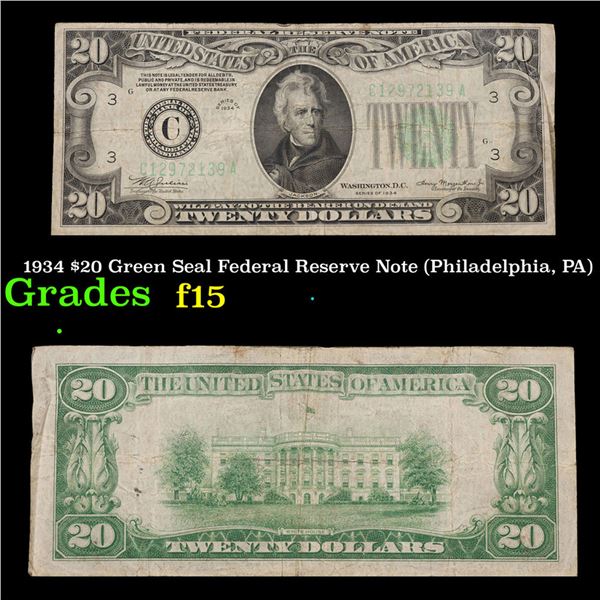 1934 $20 Green Seal Federal Reserve Note (Philadelphia, PA) Grades f+