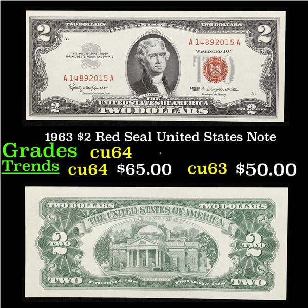 1963 $2 Red Seal United States Note Grades Choice CU