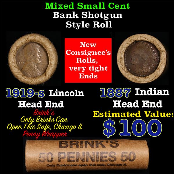 Mixed small cents 1c orig shotgun roll, 1919-s Wheat Cent, 1887 Indian Cent other end, Brinks Wrappe