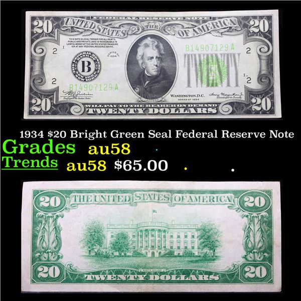1934 $20 Bright Green Seal Federal Reserve Note Grades Choice AU/BU Slider