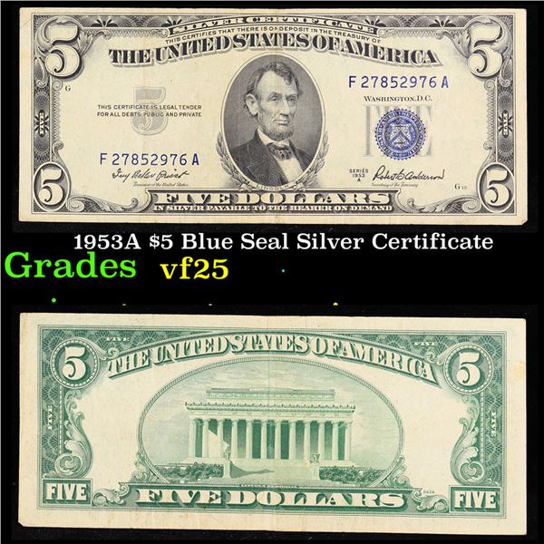 1953A $5 Blue Seal Silver Certificate Grades vf+