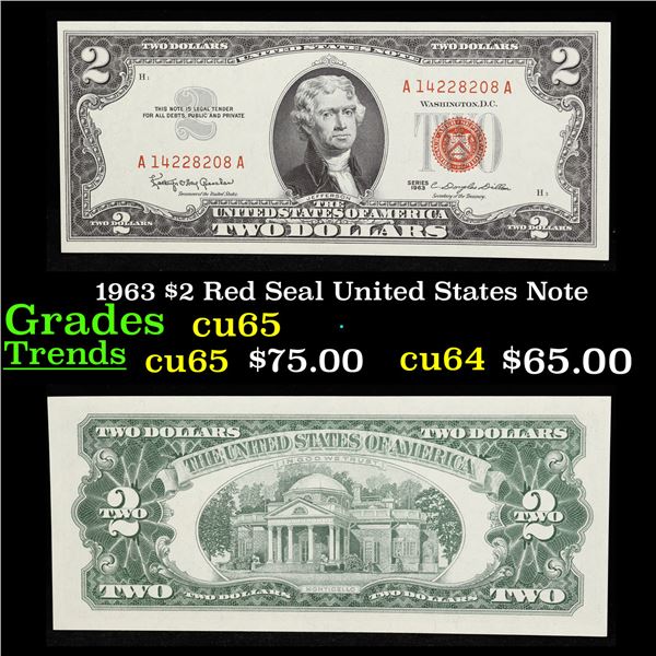 1963 $2 Red Seal United States Note Grades Gem CU