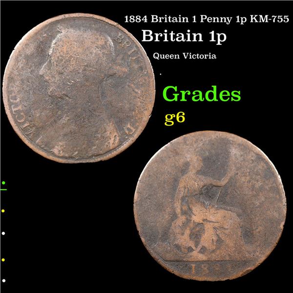 1884 Britain 1 Penny 1p KM-755 Grades g+