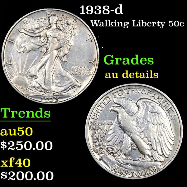 1938-d Walking Liberty Half Dollar 50c Grades AU Details