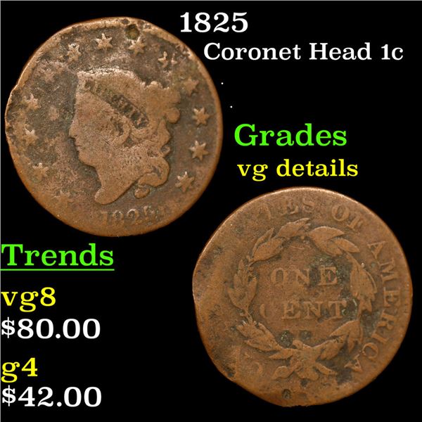 1825 Coronet Head Large Cent 1c Grades vg details