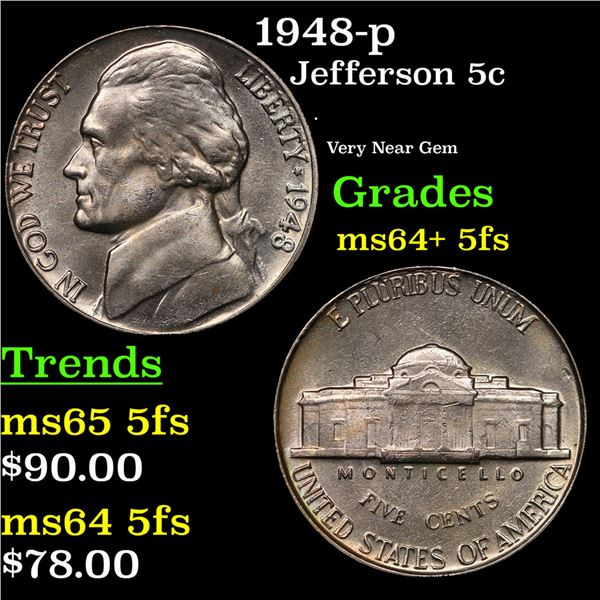 1948-p Jefferson Nickel 5c Grades Choice Unc+ 5fs
