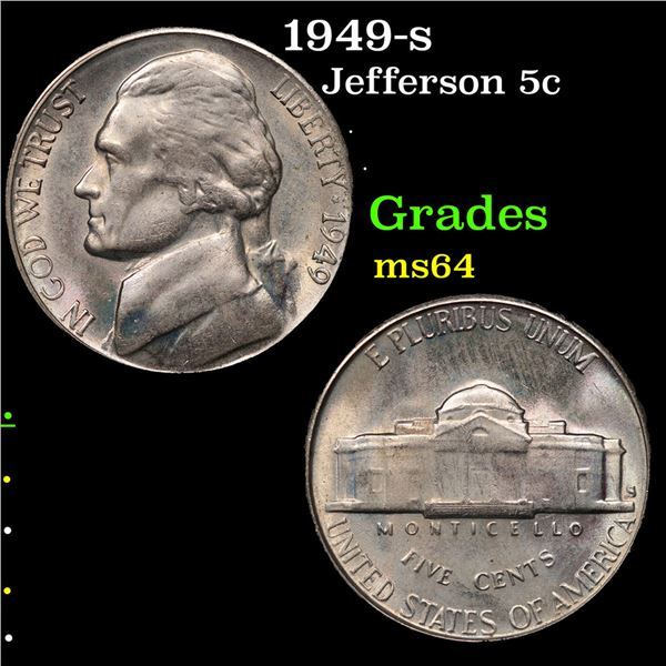 1949-s Jefferson Nickel 5c Grades Choice Unc