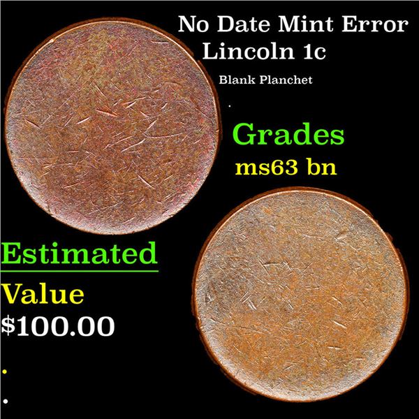 No Date Lincoln Cent Mint Error 1c Grades Select Unc BN