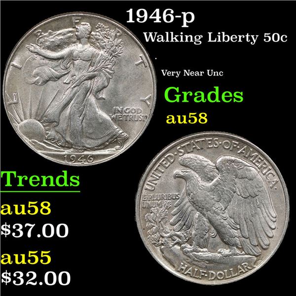 1946-p Walking Liberty Half Dollar 50c Grades Choice AU/BU Slider