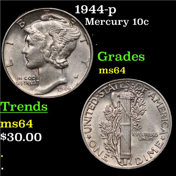 1944-p Mercury Dime 10c Grades Choice Unc