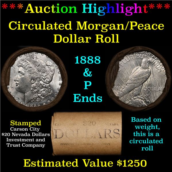 ***Auction Highlight*** Shotgun 1888 & 'P' Ends Mixed Morgan/Peace Silver dollar roll, 20 coin Carso