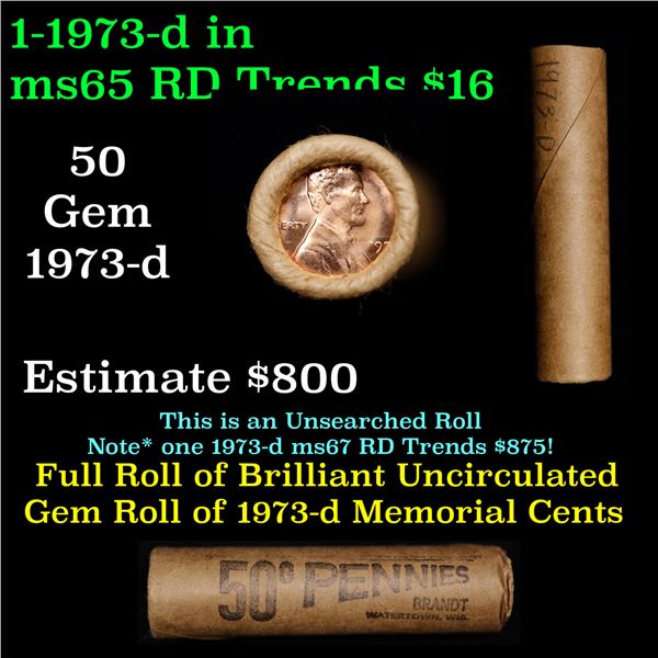 Shotgun Lincoln 1c roll, 1973-d 50 pcs Brandt Wrapper.