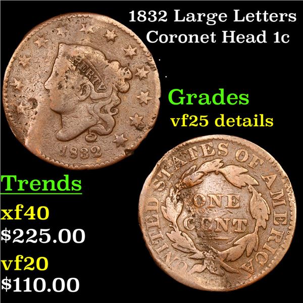 1832 Large Letters Coronet Head Large Cent 1c Grades VF Details