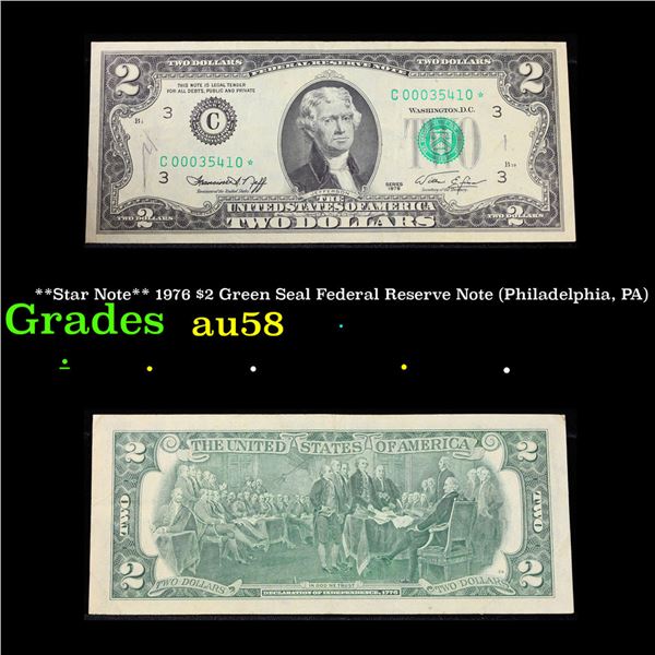 **Star Note** 1976 $2 Green Seal Federal Reserve Note (Philadelphia, PA) Grades Choice AU/BU Slider