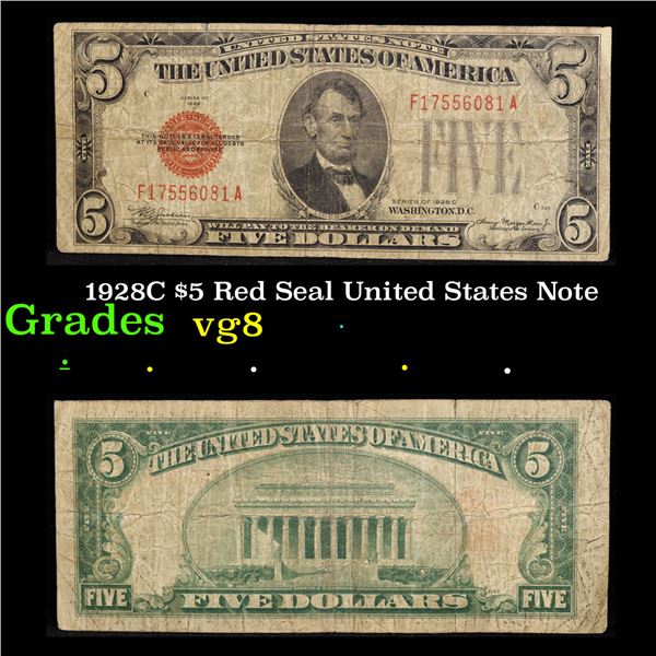 1928C $5 Red Seal United States Note Grades vg, very good