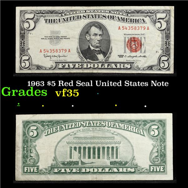 1963 $5 Red Seal United States Note Grades vf++