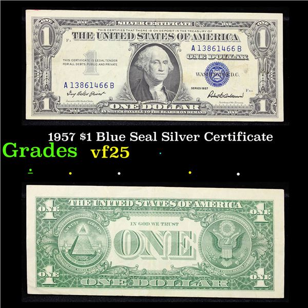 1957 $1 Blue Seal Silver Certificate Grades vf+
