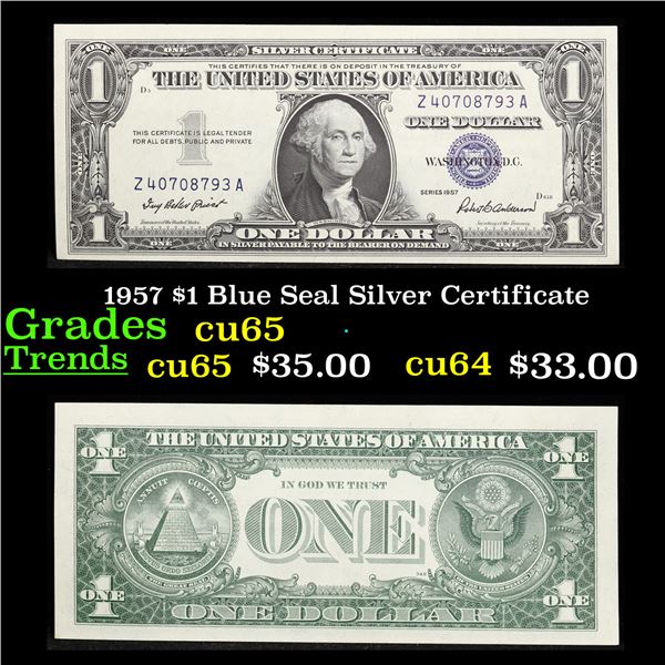 1957 $1 Blue Seal Silver Certificate Grades Gem CU