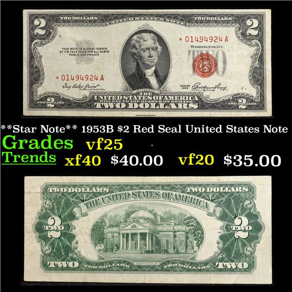 **Star Note** 1953B $2 Red Seal United States Note Grades vf+