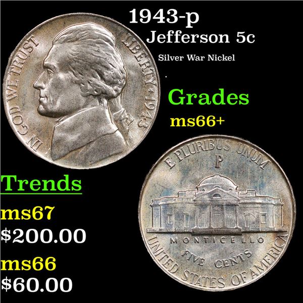 1943-p Jefferson Nickel 5c Grades GEM++ Unc