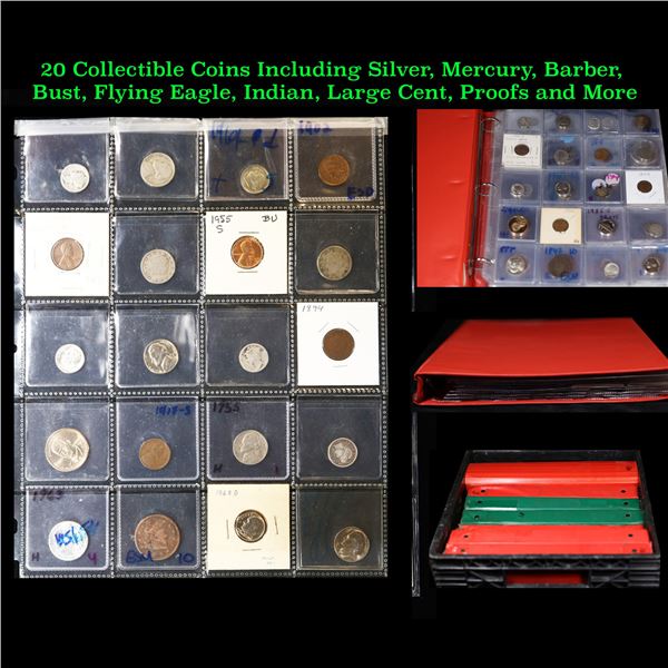 20 Collectible Coins Including Silver, Mercury, Barber, Bust, Flying Eagle, Indian, Large Cent, Proo