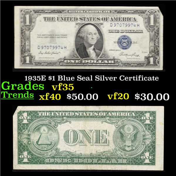 1935E $1 Blue Seal Silver Certificate Grades vf++