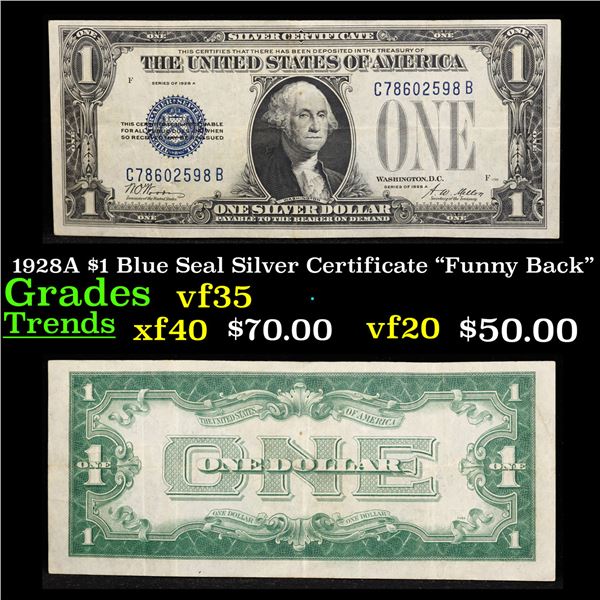 1928A $1 Blue Seal Silver Certificate "Funny Back" Grades vf++