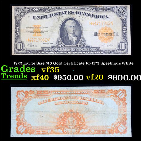1922 Large Size $10 Gold Certificate Fr-1173 Speelman/White Grades vf++
