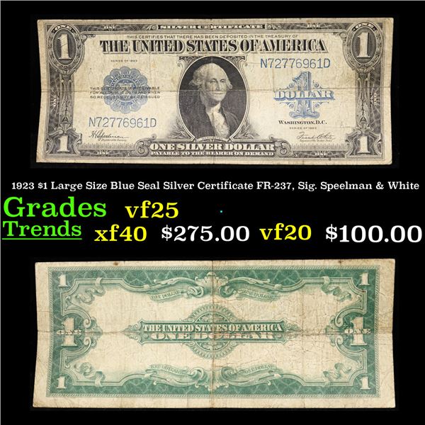 1923 $1 Large Size Blue Seal Silver Certificate FR-237, Sig. Speelman & White Grades vf+