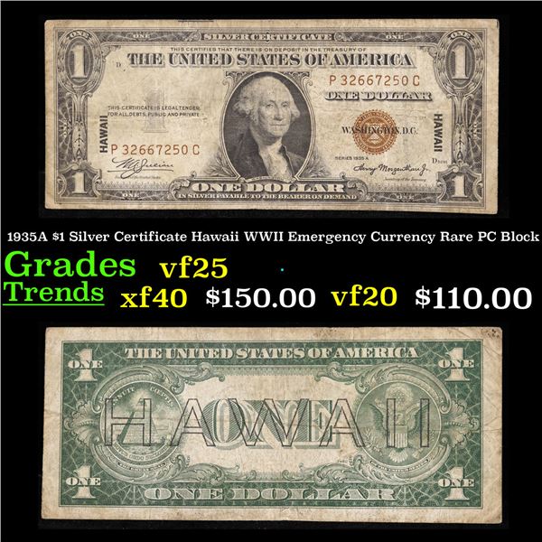 1935A $1 Silver Certificate Hawaii WWII Emergency Currency Rare PC Block Grades vf+