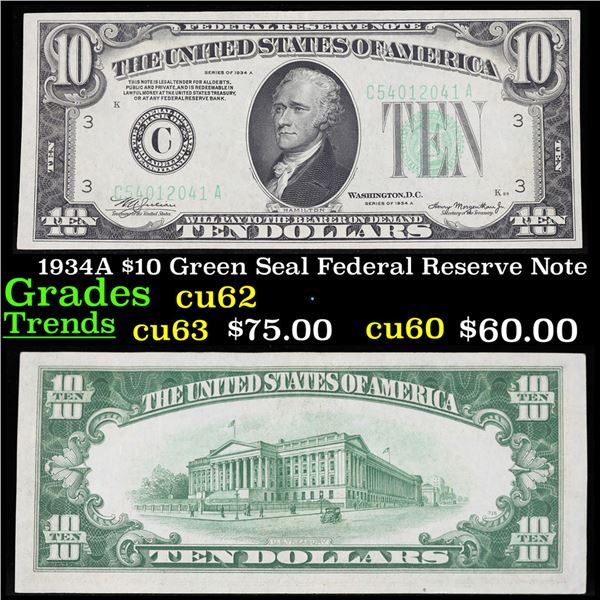 1934A $10 Green Seal Federal Reserve Note Grades Select CU.