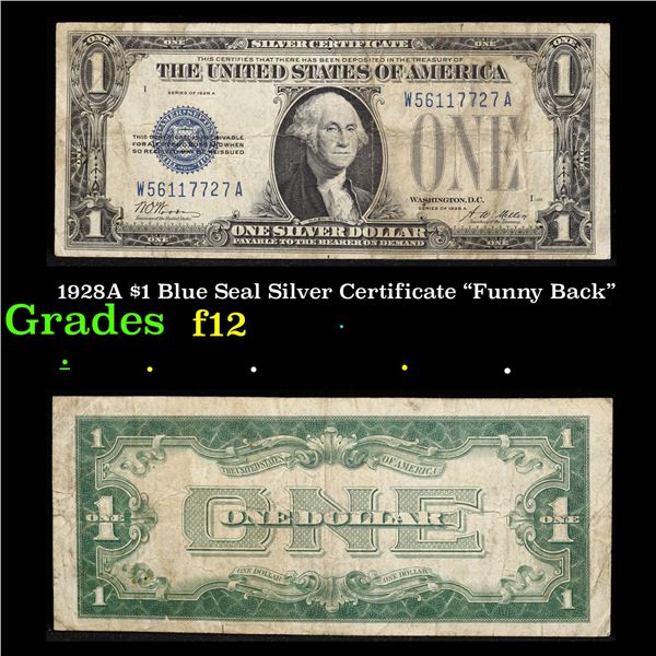 1928A $1 Blue Seal Silver Certificate "Funny Back" Grades f, fine