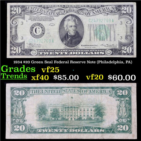 1934 $20 Green Seal Federal Reserve Note (Philadelphia, PA) Grades vf+