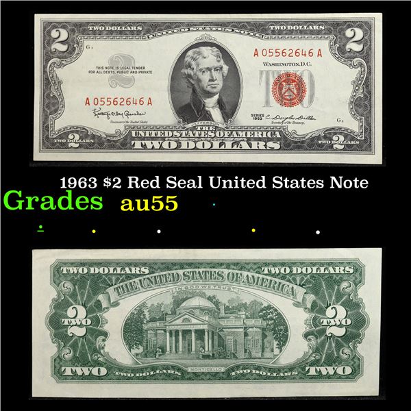 1963 $2 Red Seal United States Note Grades Choice AU