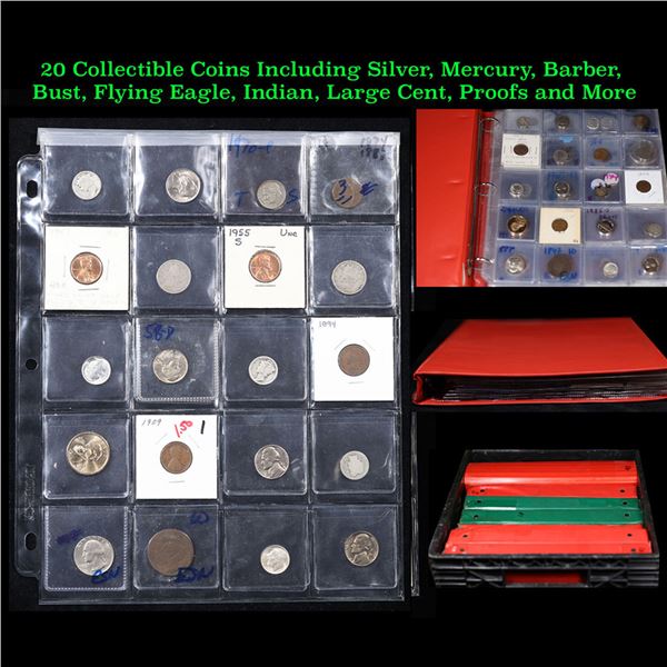 20 Collectible Coins Including Silver, Mercury, Barber, Bust, Flying Eagle, Indian, Large Cent, Proo