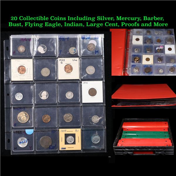 20 Collectible Coins Including Silver, Mercury, Barber, Bust, Flying Eagle, Indian, Large Cent, Proo