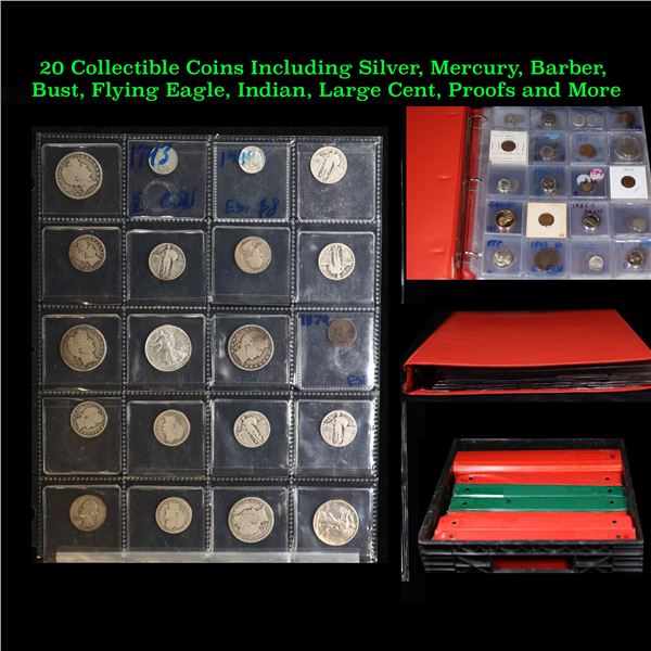 20 Collectible Coins Including Silver, Mercury, Barber, Bust, Flying Eagle, Indian, Large Cent, Proo