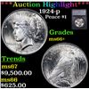 Image 1 : ***Auction Highlight*** 1924-p Peace Dollar $1 Graded ms66+ By SEGS (fc)