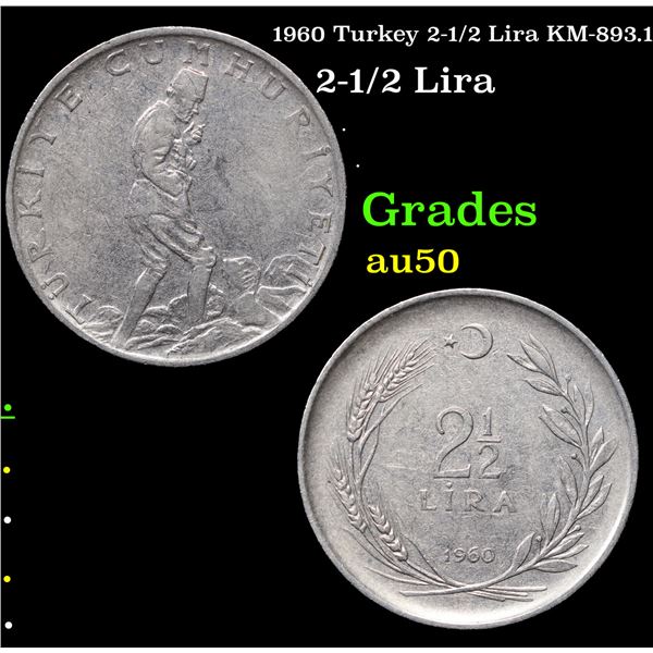 1960 Turkey 2-1/2 Lira KM-893.1 Grades AU, Almost Unc