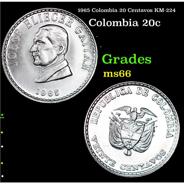 1965 Colombia 20 Centavos KM-224 Grades GEM+ Unc