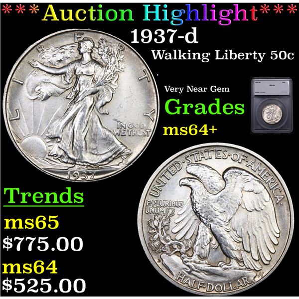 ***Auction Highlight*** 1937-d Walking Liberty Half Dollar 50c Graded ms64+ BY SEGS (fc)