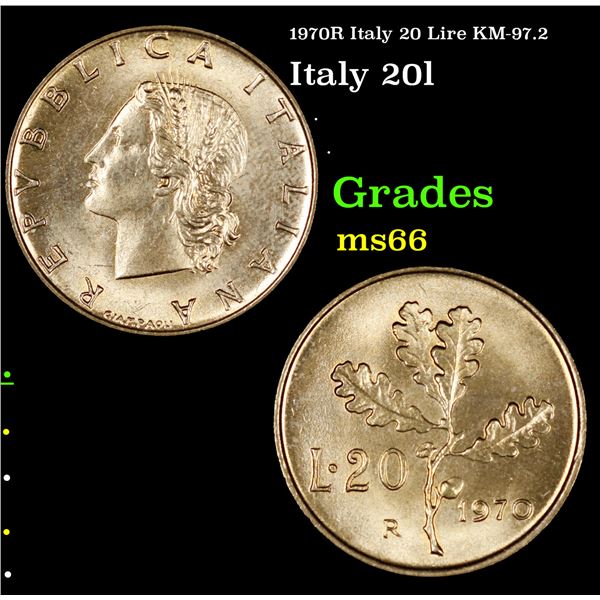 1970R Italy 20 Lire KM-97.2 Grades GEM+ Unc