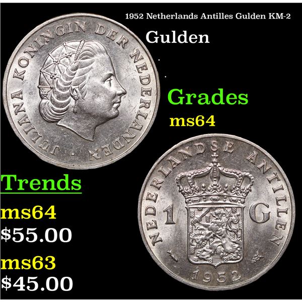 1952 Netherlands Antilles Gulden KM-2 Grades Choice Unc