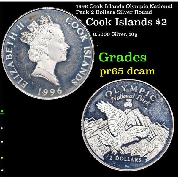 Proof 1996 Cook Islands Olympic National Park 2 Dollars Silver Round Grades GEM Proof Deep Cameo