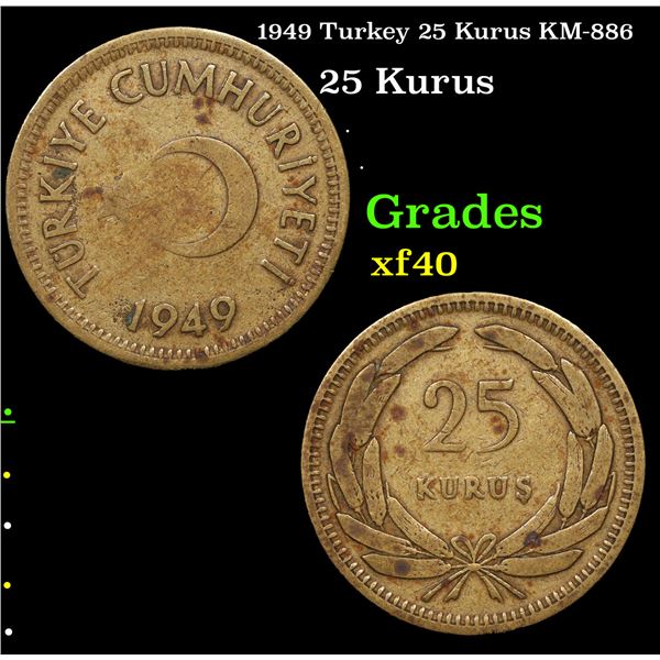 1949 Turkey 25 Kurus KM-886 Grades xf